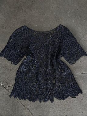 100% Silk Black Ribbon Lace Top